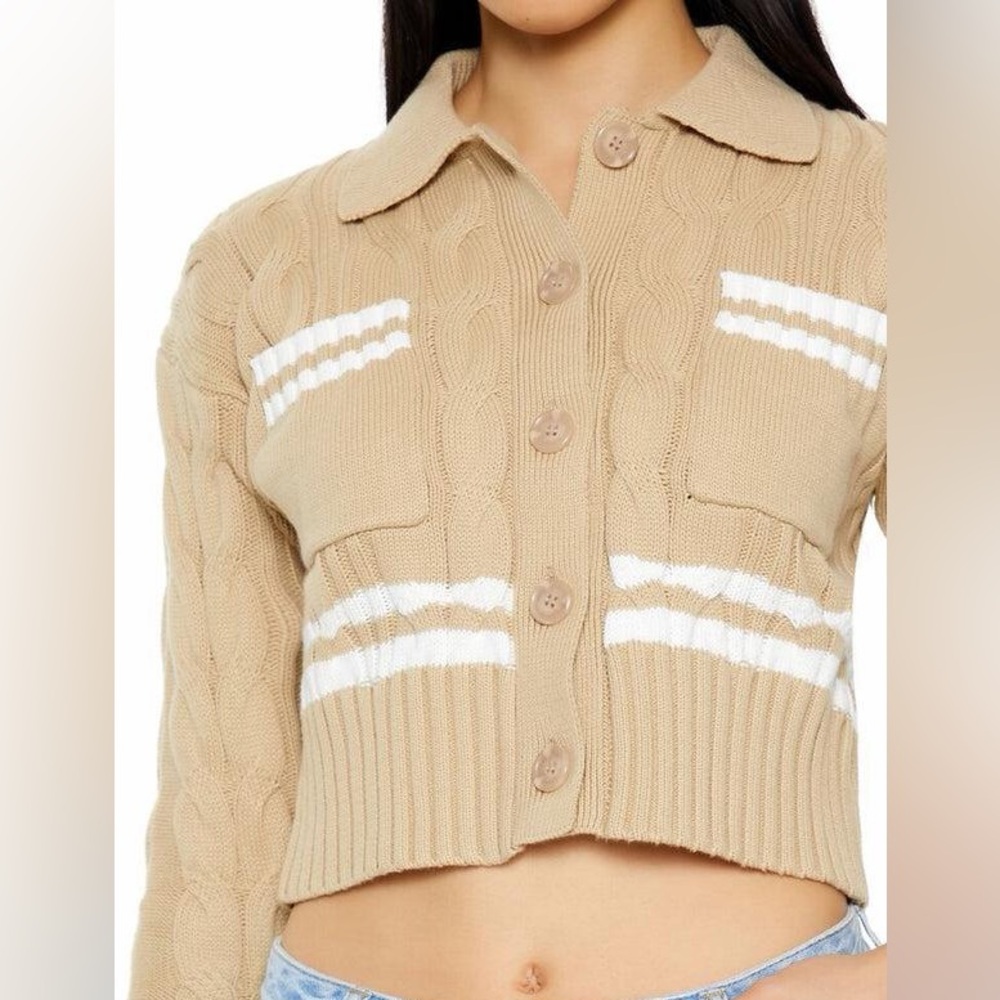 Forever 21 Beige and White Cable Knit Cardigan